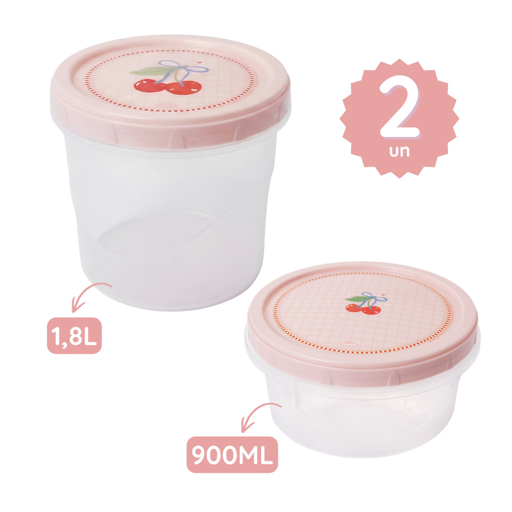 Kit 2 Potes 1,8L 900ml Porta Mantimentos Tampa Rosca Rosa Redondo Potinho Transparente