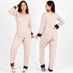 Pijama Amamentação Soft Fluffy Nude Com Renda