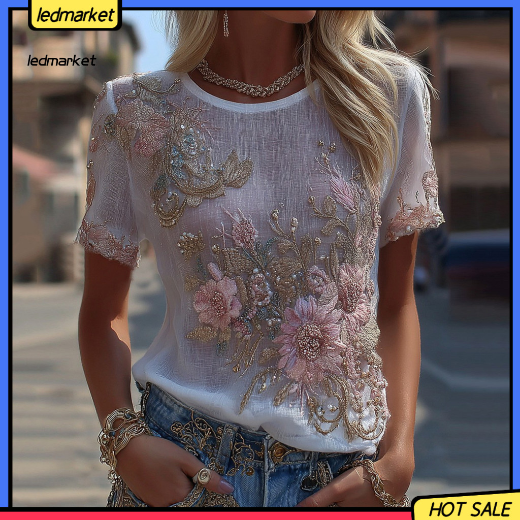Retro Print Blouse Round Neck Pullover Tops Women’s Summer Short Sleeve Top Loose Fit Lightweight Sun Protection Tee w