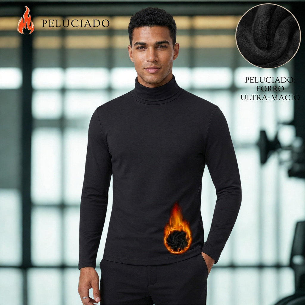 Camisa Gola Alta Masculina Peluciada Tecido Flanelado Camiseta Termica Para Frio Protecao Maxima Uv