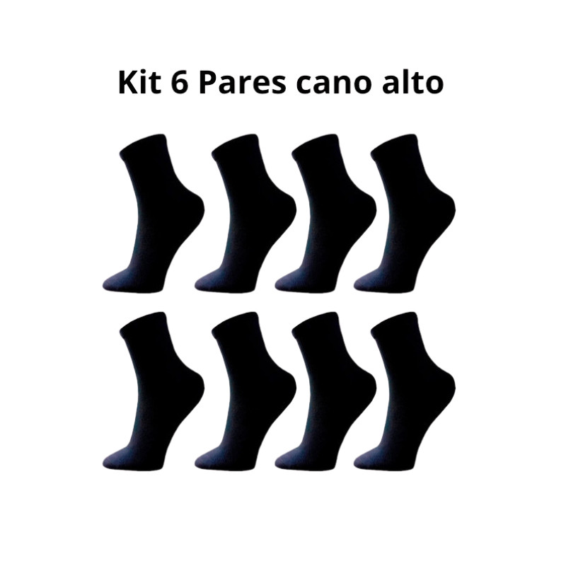 Kit 6 Pares Meia Cano Alto Preta Masculina Feminina Sport Academia Algodão