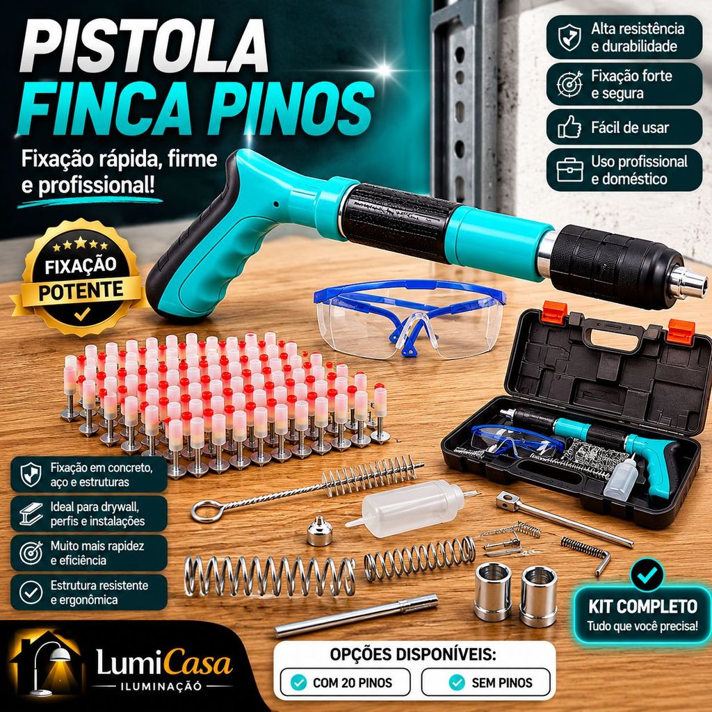 Pistola Finca Pinos Profissional com Kit de Fixação | Ferramenta Manual para Concreto e Aço com ou sem Pinos