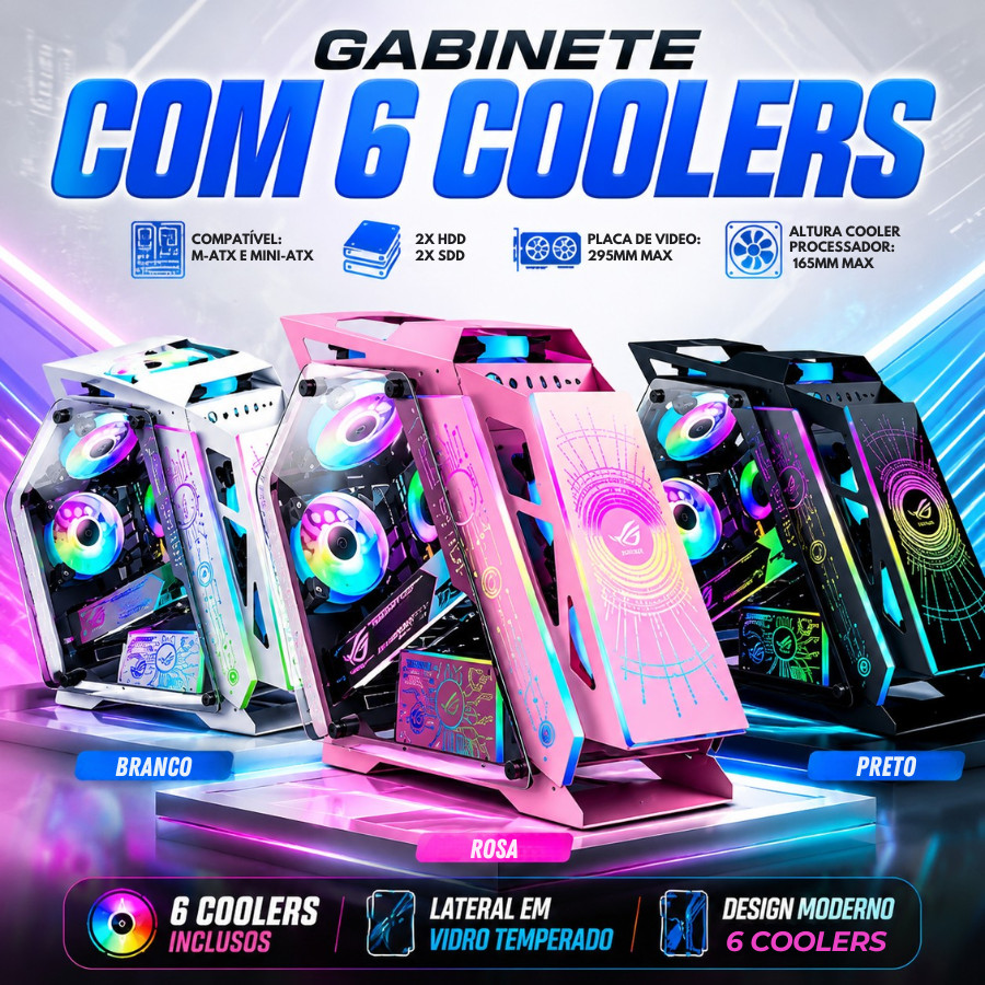Gabinete Para Computador Gamer Gaming Com Painel De Vidro com 6 Coolers compativel M-ATX e MINI-ATX