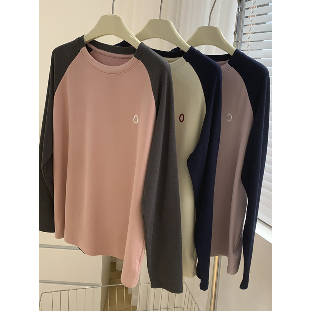 Dupla face alemão veludo carta bordado contraste cor manga Raglan camisa de fundo feminina outono inverno camiseta inter