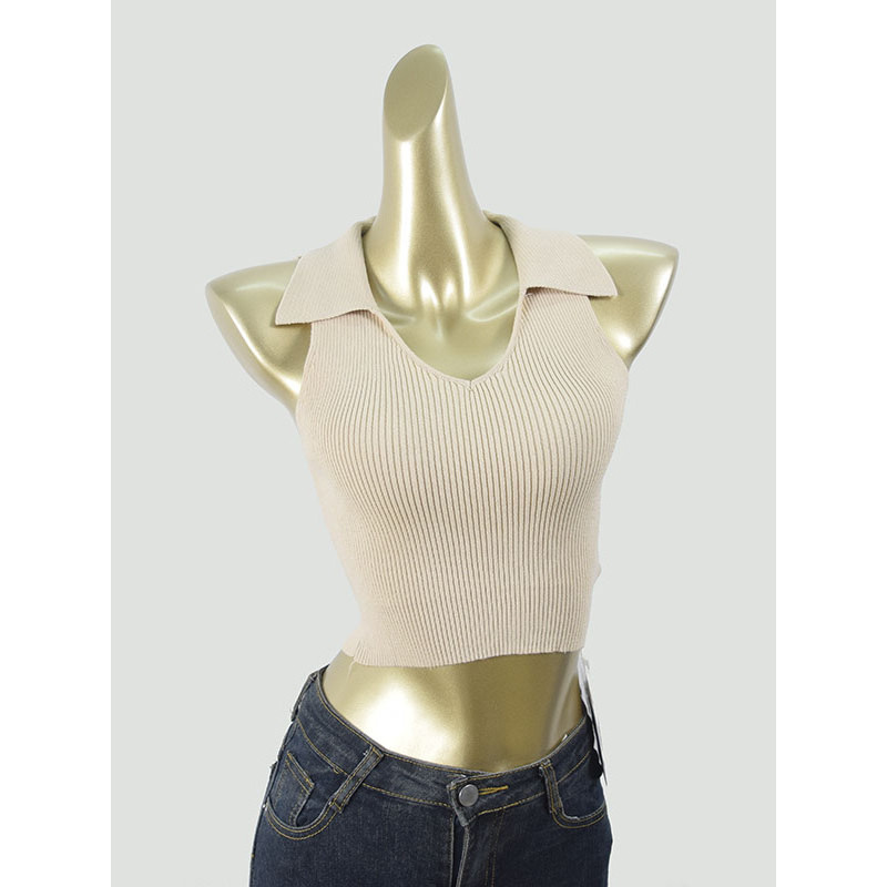 Boa qualidade ~ francês Retro gola POLO fino ajuste curto topo All-match fino-ajuste estilo menina quente colete de malh