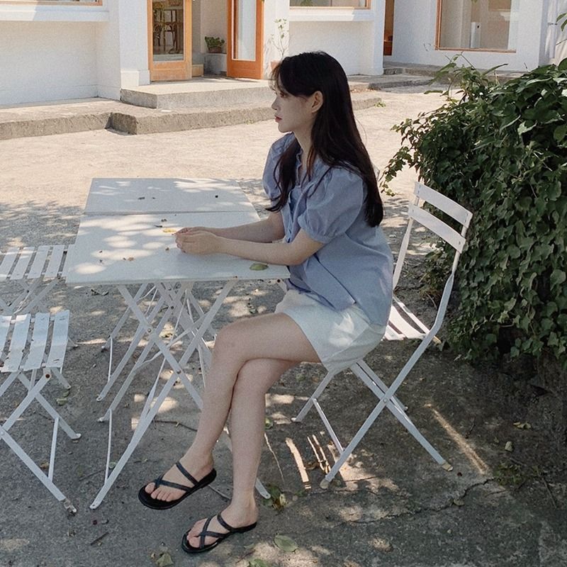 Camisa feminina coreana de estilo delicado, camisa roxa de manga bufante para estudantes, top de estilo vintage de verão
