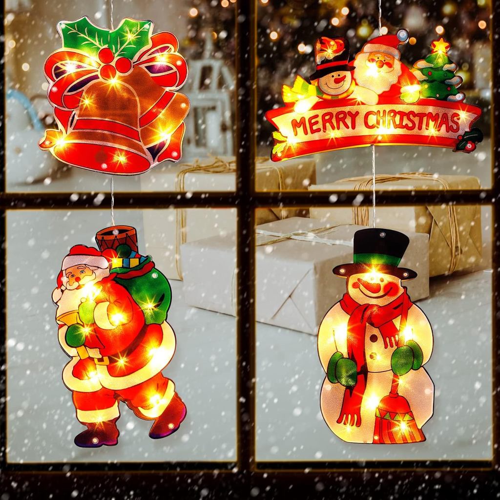 4 Peças de Decorações de Natal para Janela - Decorações de Natal Iluminadas com Ventosas para Decoração Interna e Extern