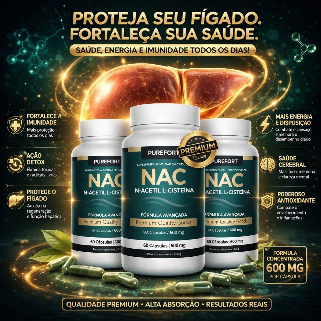 Kit 3 NAC 600mg – N-Acetilcisteína | Precursor da Glutationa | Imunidade & Fígado Saudável 180 Caps