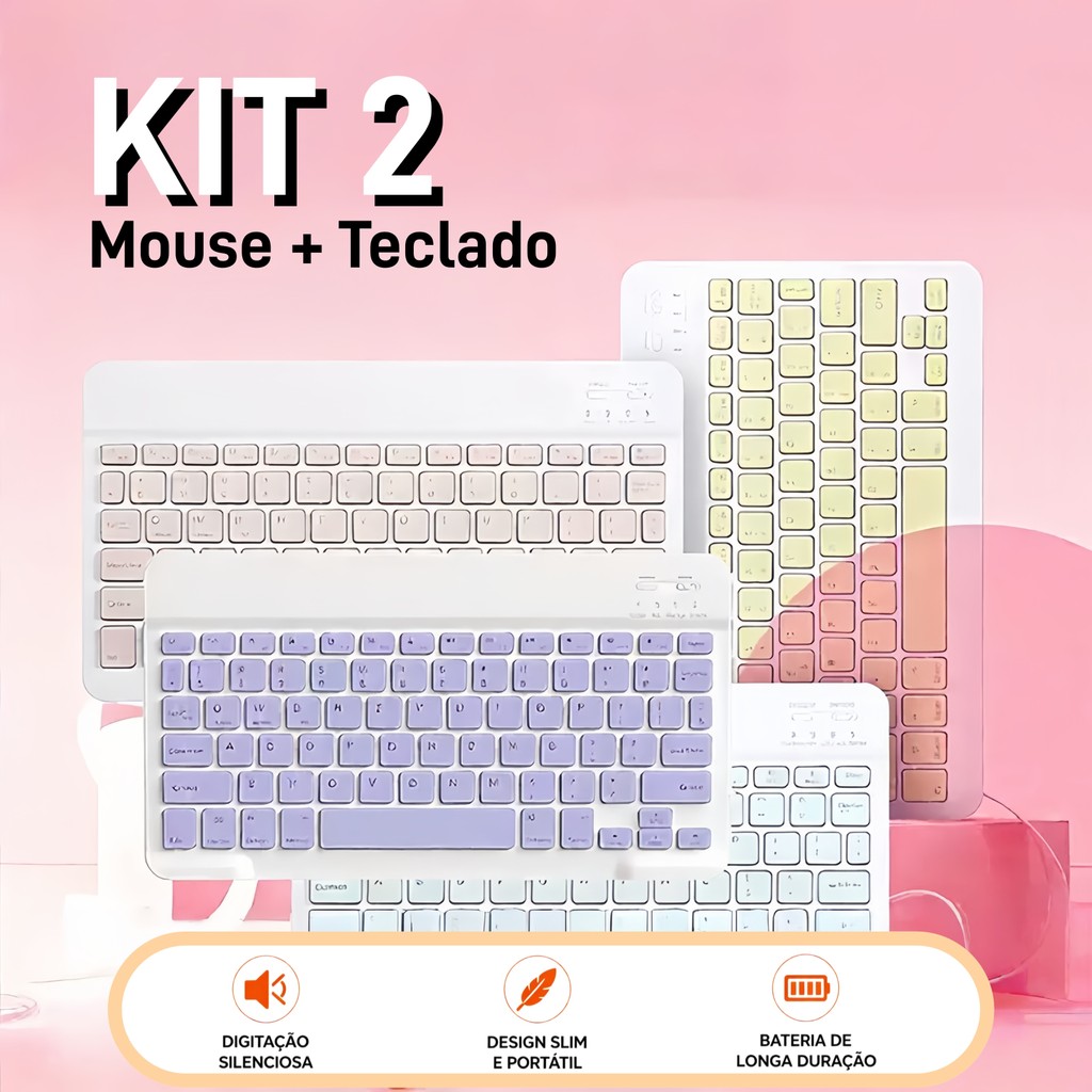 Kit de Teclado e Mouse Sem Fio Bluetooth Macaron com Design Moderno Destinado a