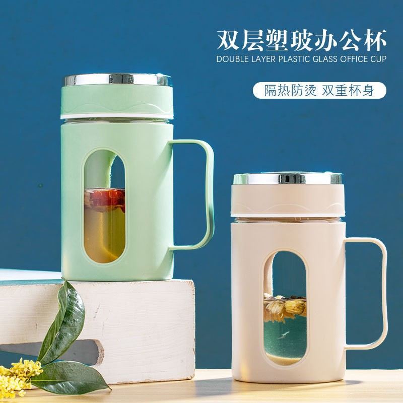 Copo de negócios com alça isolada de camada dupla, copo de água de vidro para fazer chá, separação de água, flor, chá, e