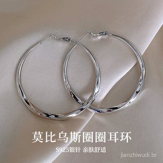 Brincos de argola grandes populares para mulheres, com pino de prata 925, estilo Möbius, brincos de argola de nicho de a
