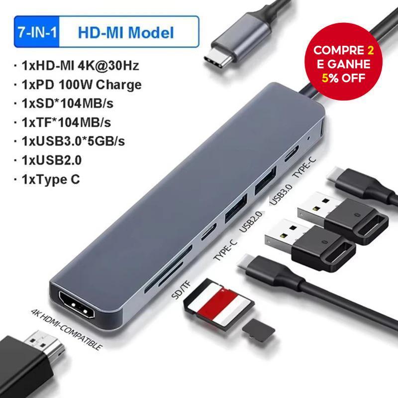 Adaptador De Hub USB-C 7 Em 1 4K HDMI SD TF Leitor De Cartão Tipo PD Carregamento Para Acessórios Laptop MacBook