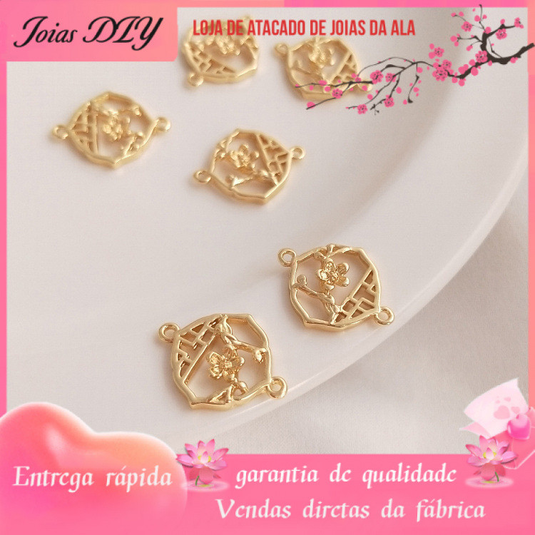 Retenção de cor 14K banhado a ouro ameixa janela duplo pendurado conector artesanal DIY brincos antigos pingente de gram