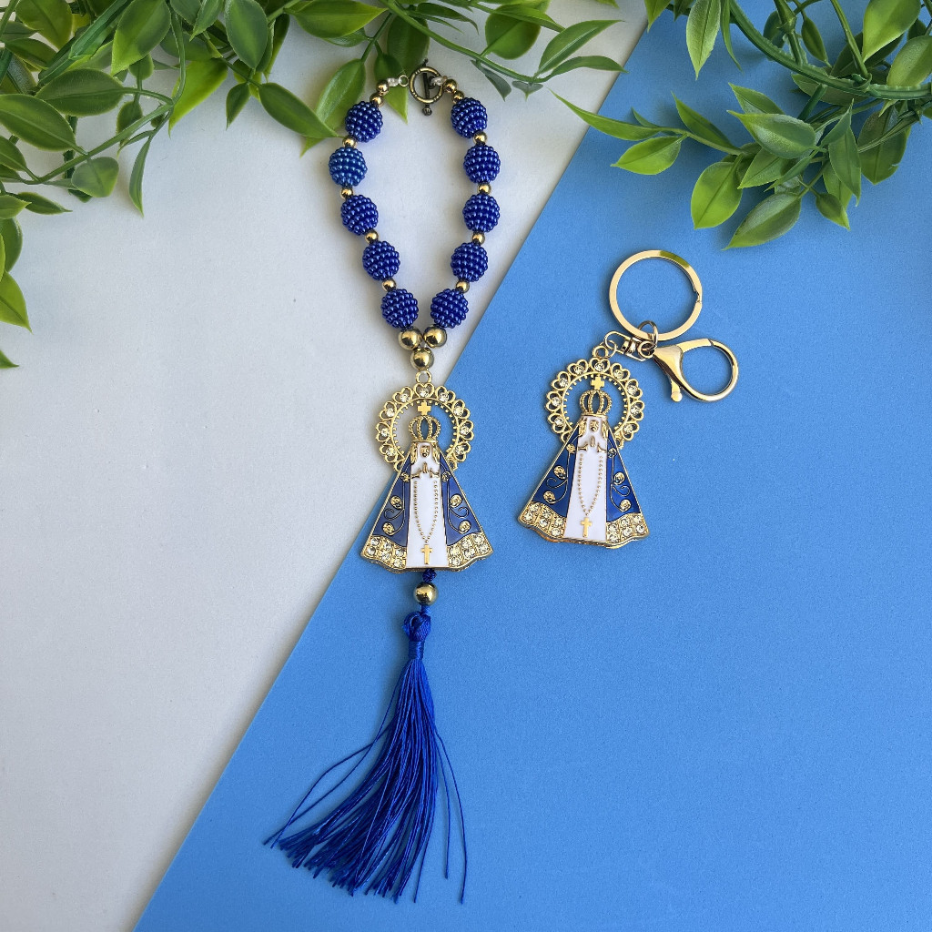 KIT 1 Chaveiro + 1 Terço Dezena de Nossa Senhora Aparecida Azul