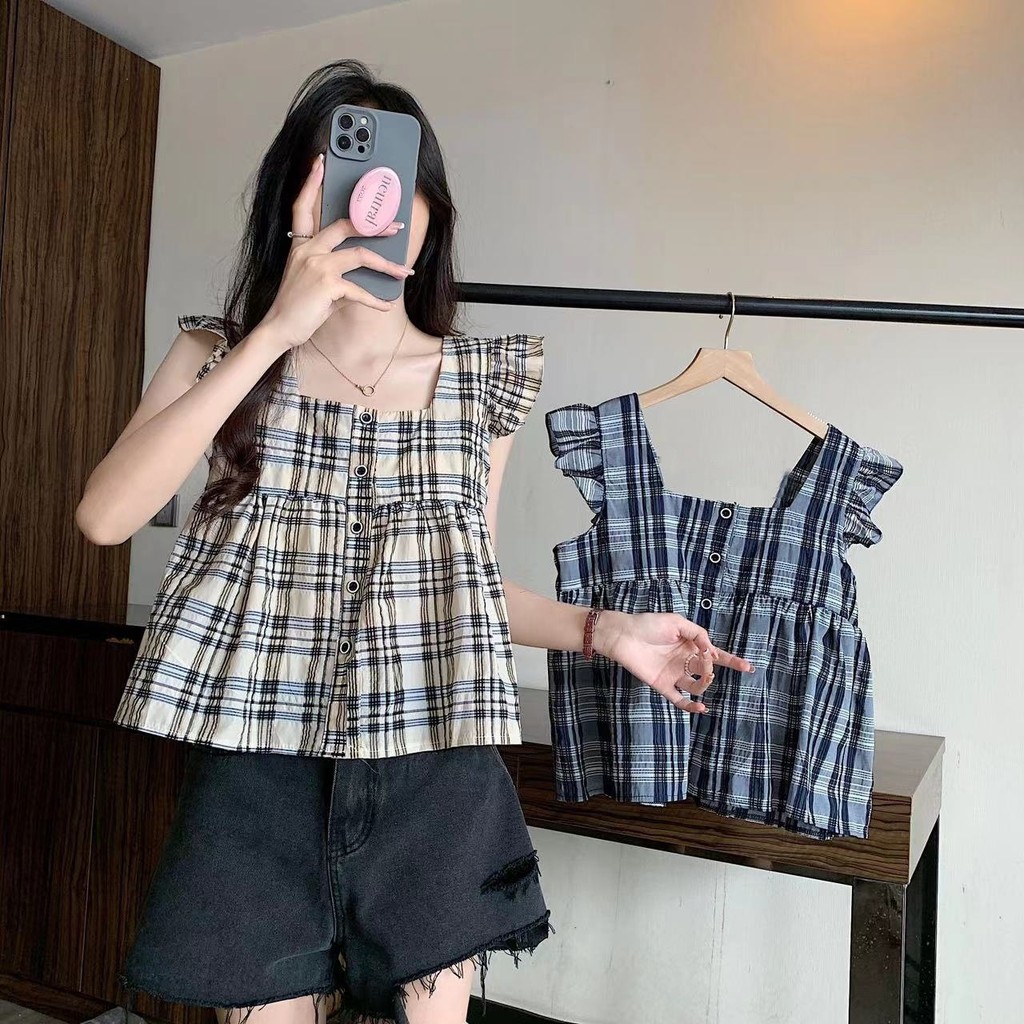Menina quente 2026 curto novo estilo Floral pescoço quadrado Chiffon xadrez pequena camisa francesa manga voadora verão 