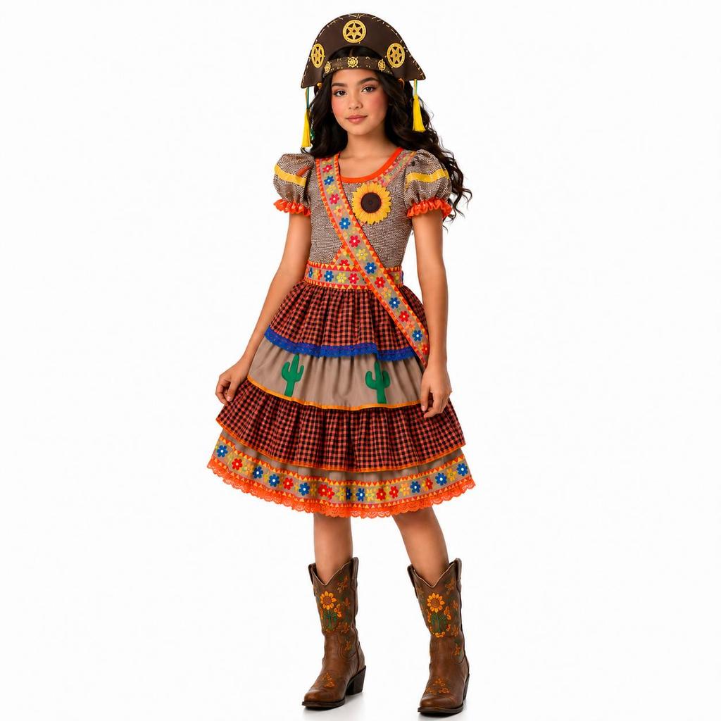 Vestido Cangaceira Infantil Feminina de Luxo Com Bolsa