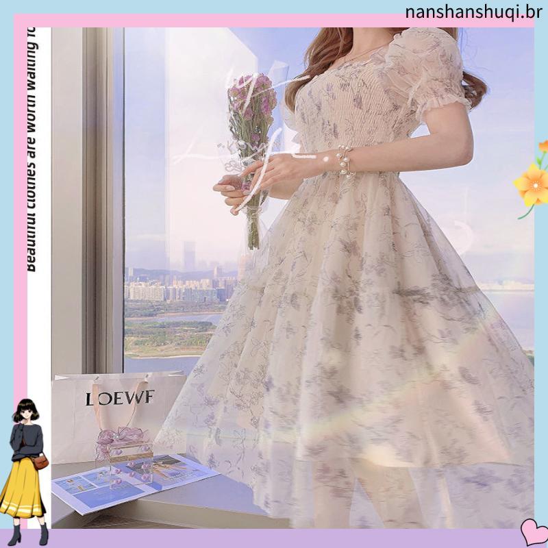 Vestido De Festa Floral Casual 2024 Verão Branco Chiffon Longo Elegante Manga Curta Vestidos De Fadas Para Mulheres Rou