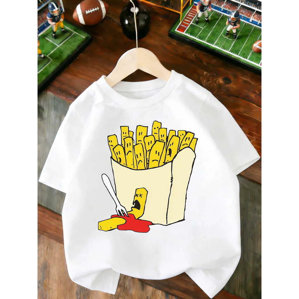 Camiseta de Manga Curta com Estampa Engraçada de Batatas Fritas para Meninos e Meninas, Top Estampado Engraçado, Moderno