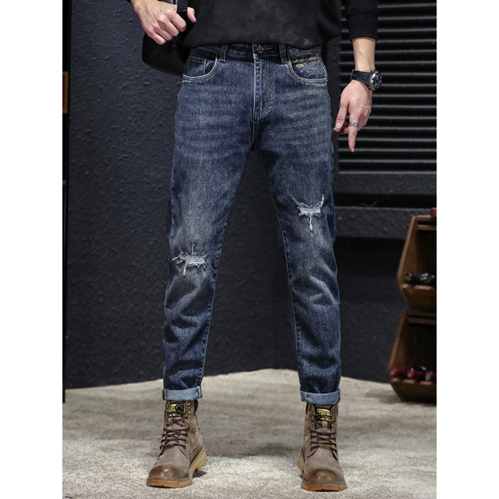 2024 novo estilo lavado azul rasgado Jeans masculino mendigo calças magro-ajuste calças magras americano High Street est