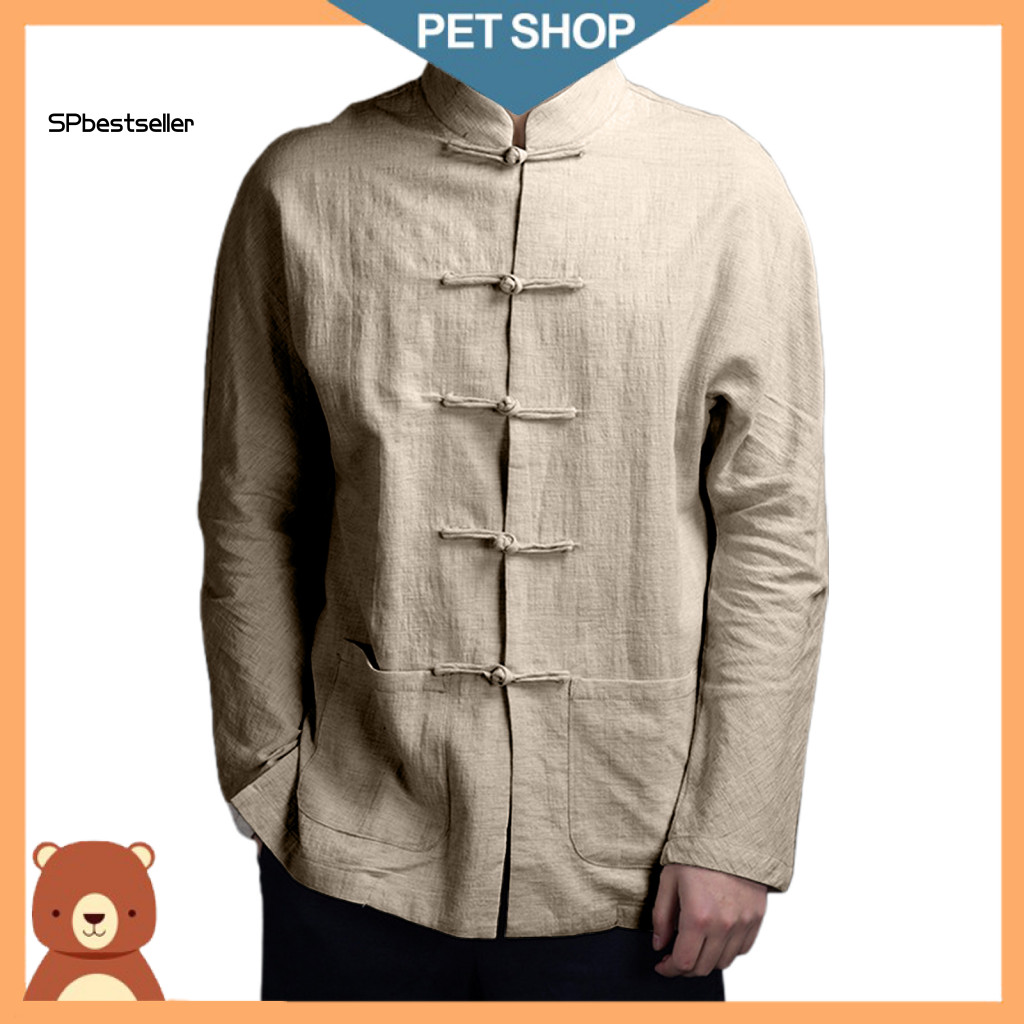 Men Long Sleeve Shirt Chinese Retro Style Men's Autumn Mandarin Collar Tai Chi Kung Fu Top with Pockets and Traditional