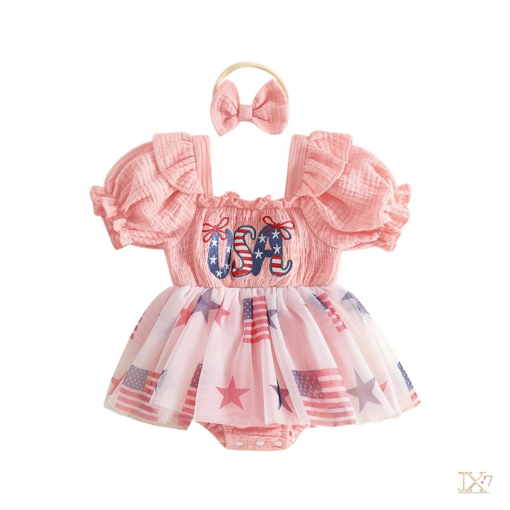 JOK-Roupa Para Bebês Meninas 4 De Julho Com Bandeira Americana , Manga Curta , Macacão Bolha E Faixa De Cabeça Laço , Co
