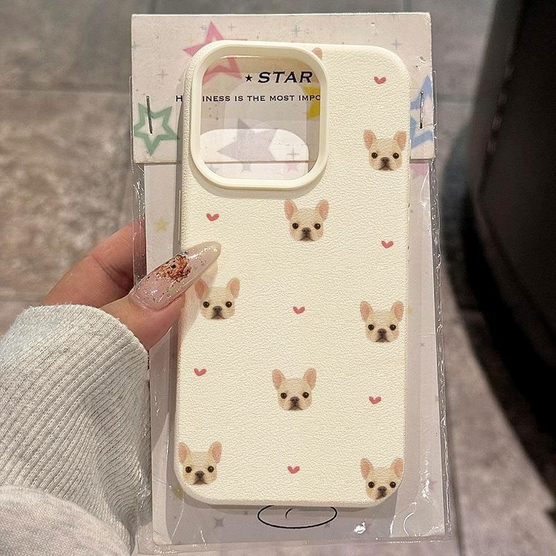 Capa de Celular: Capa com Padrão de Coração de Bulldog Francês e Textura de Lichia, Adequada para a Série Apple iPhone 1