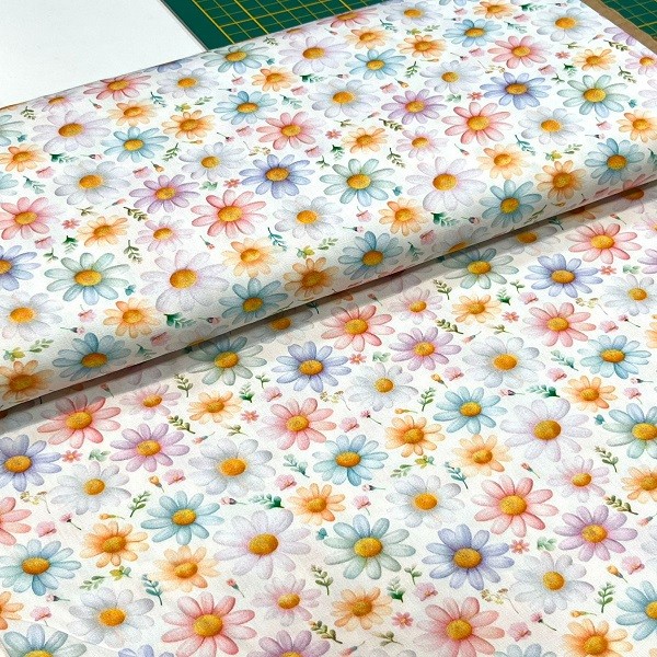 Tecido Tricoline Digital Floral Margaridas Coloridas Fundo Branco