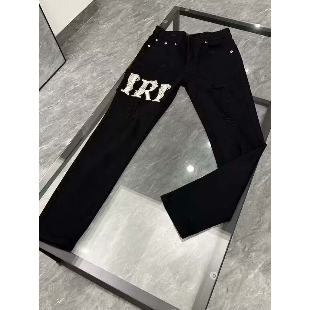 Calças americanas Slim-fit lavagem high street rasgado Jeans masculinos skinny high-End street Wear calças justas pretas