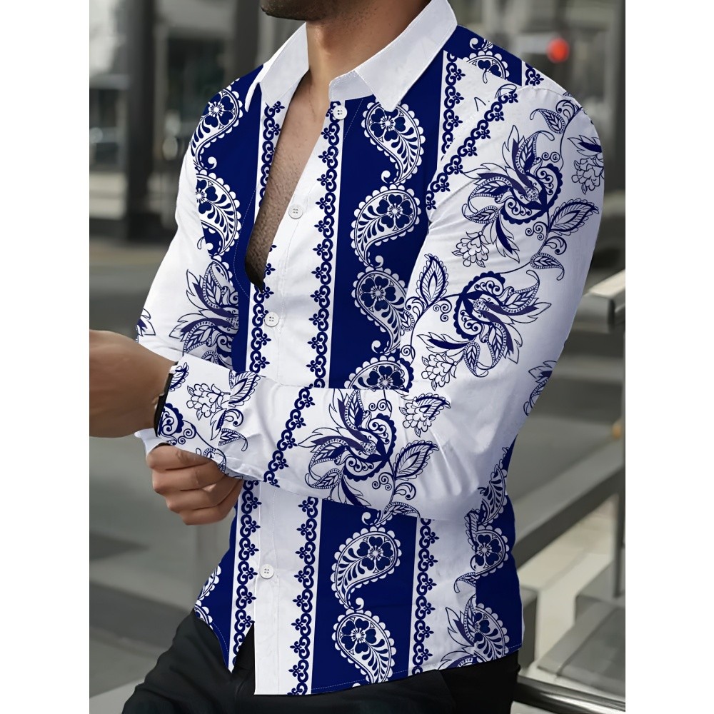 Camisa masculina estampada estilo retrô, camisa casual de manga comprida com botões, camisa casual Plus Size masculina