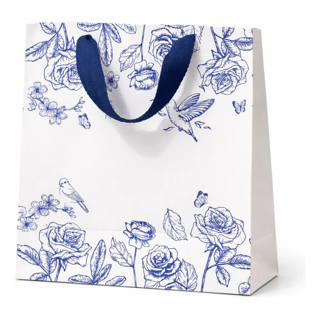 Sacola Luxo Pássaro Azul Com Alça Premium 23x23x9 Kit 10un Branco Pássaros