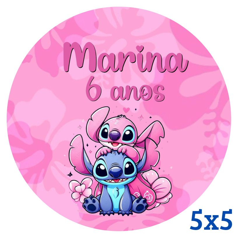 Adesivo Personalizado Stitch e Angel Rosa 5x5 | Lembrancinha | Festa Infantil | Aniversário