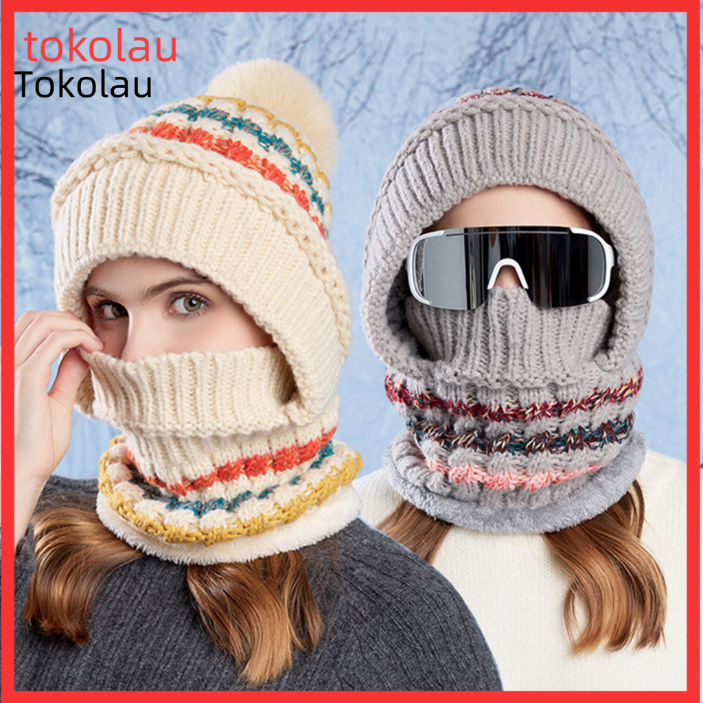 Women Winter Hat Outdoor Weather Gear Women’s Ski with Long Scarf and Full Face Guard Warm Knit Thermal Fleece Patchwo