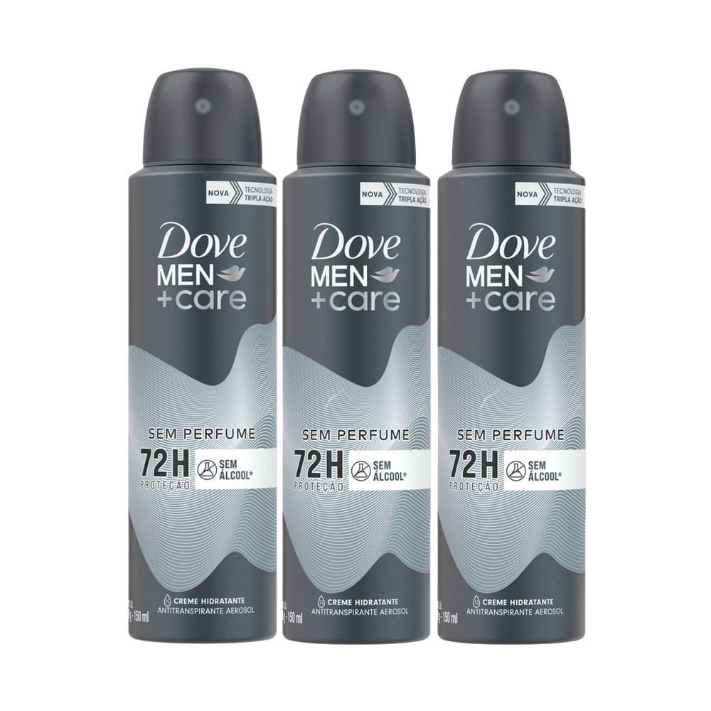 Kit 3 Desodorante Dove Men + Care Sem Perfume Aerosol Antitranspirante 72h com 150ml