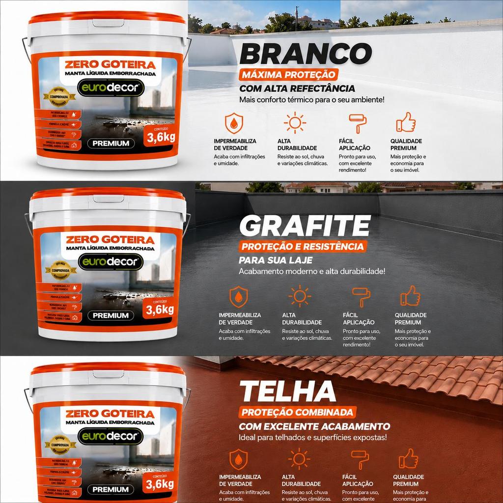 Manta Líquida Zero Goteira Impermeabilizantes Várias Cores Protecão de Laje Telhado Borracha Líquida