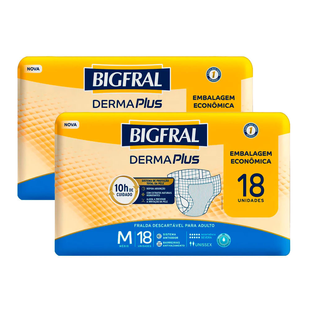Kit 2 Fralda Bigfral Derma Plus Econômica M 18 Unidades