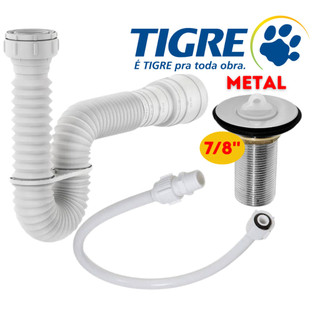 Kit Lavatório Sifão 66cm Tigre + Engate 1/2 Rabicho 50cm + Válvula Pia Banheiro/Tanque Metal Cromado