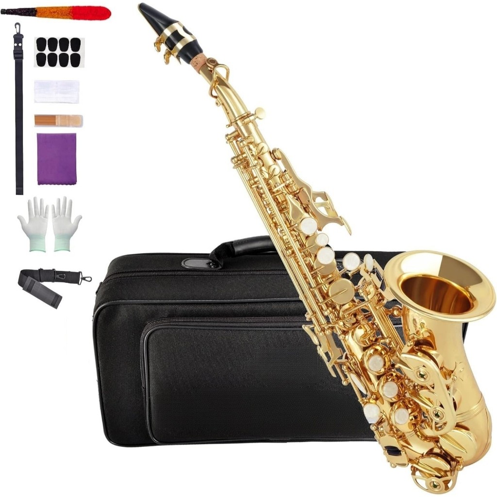 Saxofone soprano VEDO dourado, modelo curvo, em Si bemol, ideal para iniciantes e músicos de nível intermediário