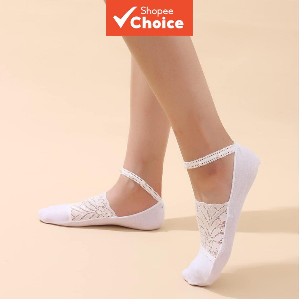 4 Pares de Meias Invisíveis com Renda e Pérolas, Meias de Seda Finas de Malha, E...