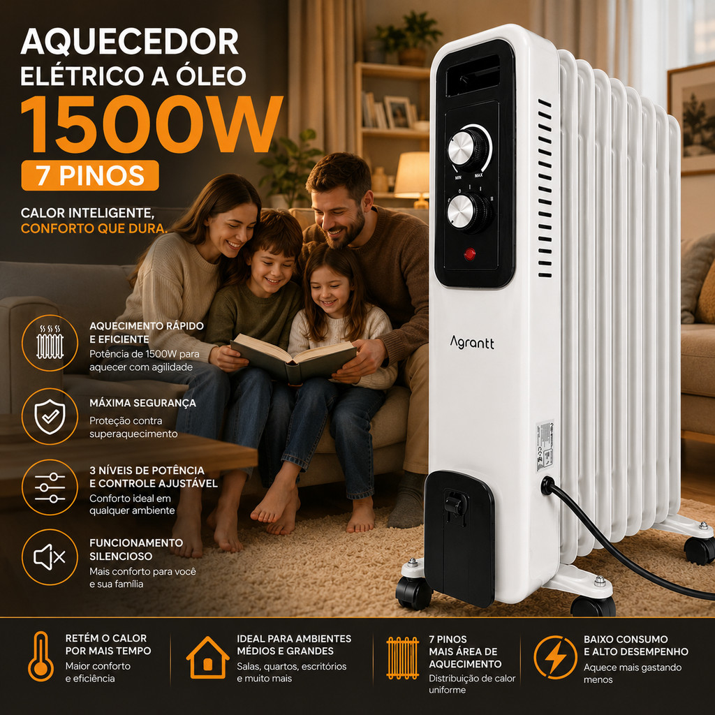 Aquecedor A Óleo Agrantt 1500W 3 Níveis 7 Pinos Elétrico Portátil Silencioso Quarto Sala Escritório