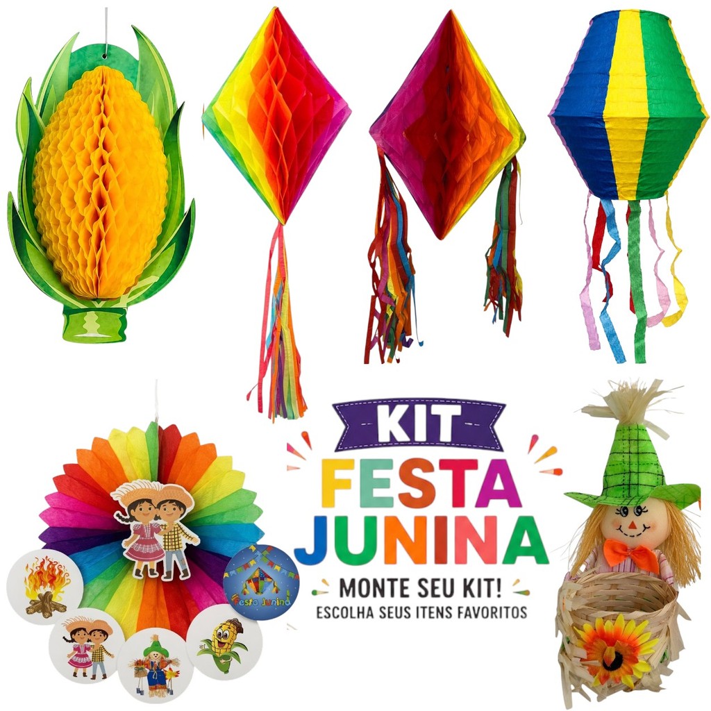 Kit Enfeites Junino Coloridos 3D Decoração de Papel Balão Bola Arraia Festa Junina Juliana