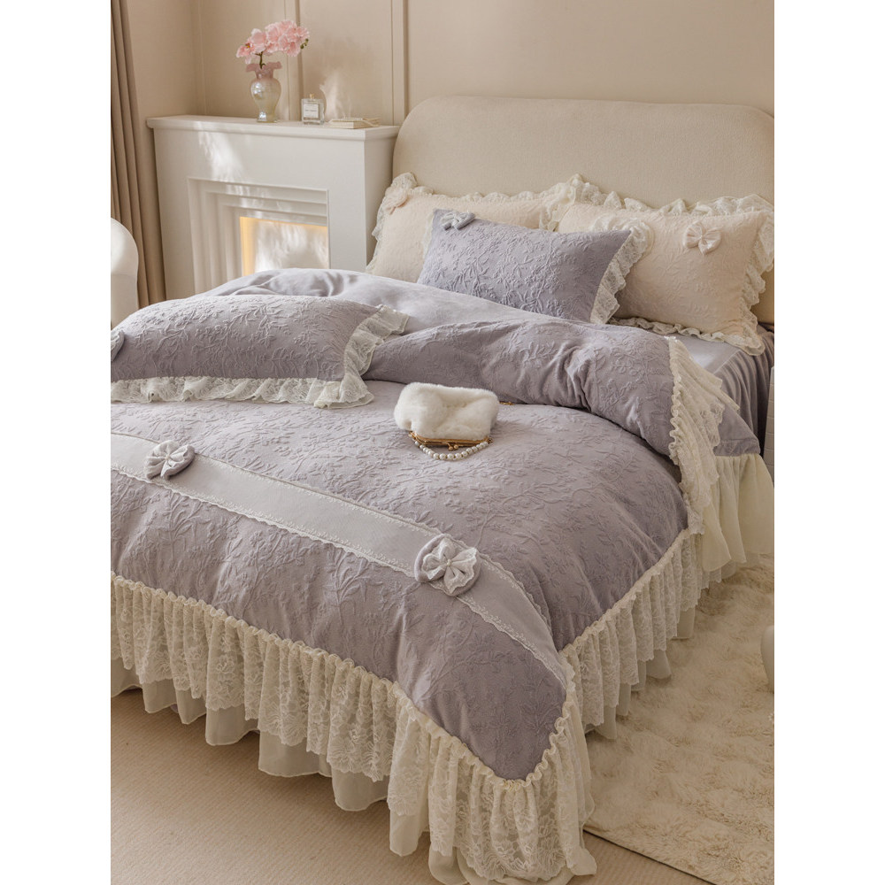 Inverno francês pelúcia engrossado leite velo conjunto de quatro peças estilo princesa esculpido renda pelúcia colcha ca