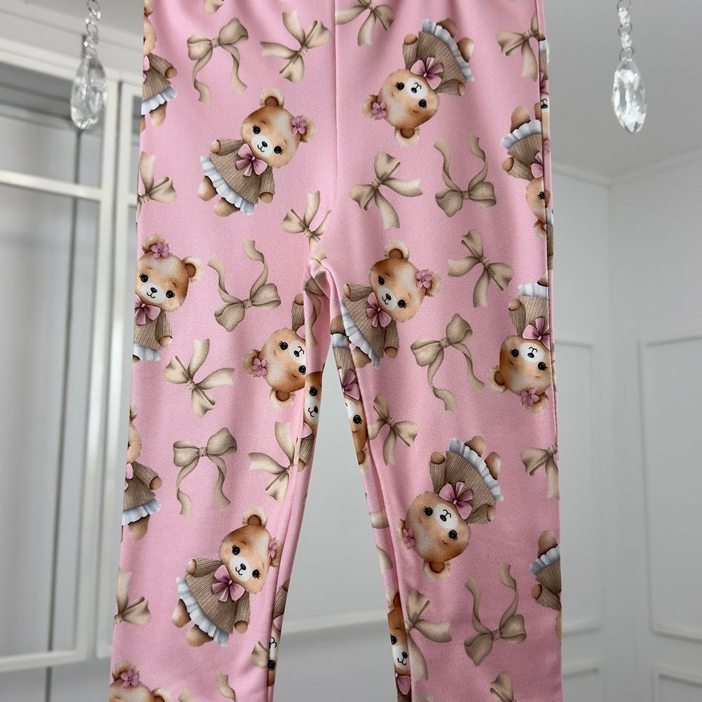 Calça Infantil Legging Térmica Ursinha Lacinhos Rosa Marrom Nude Bege