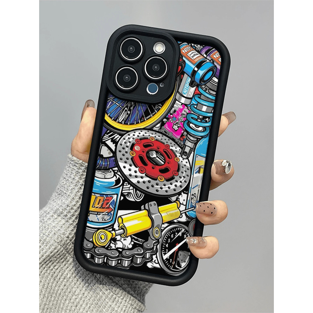 1 pieza Funda de teléfono a prueba de golpes de cobertura total con rueda mecánica negra minimalista y