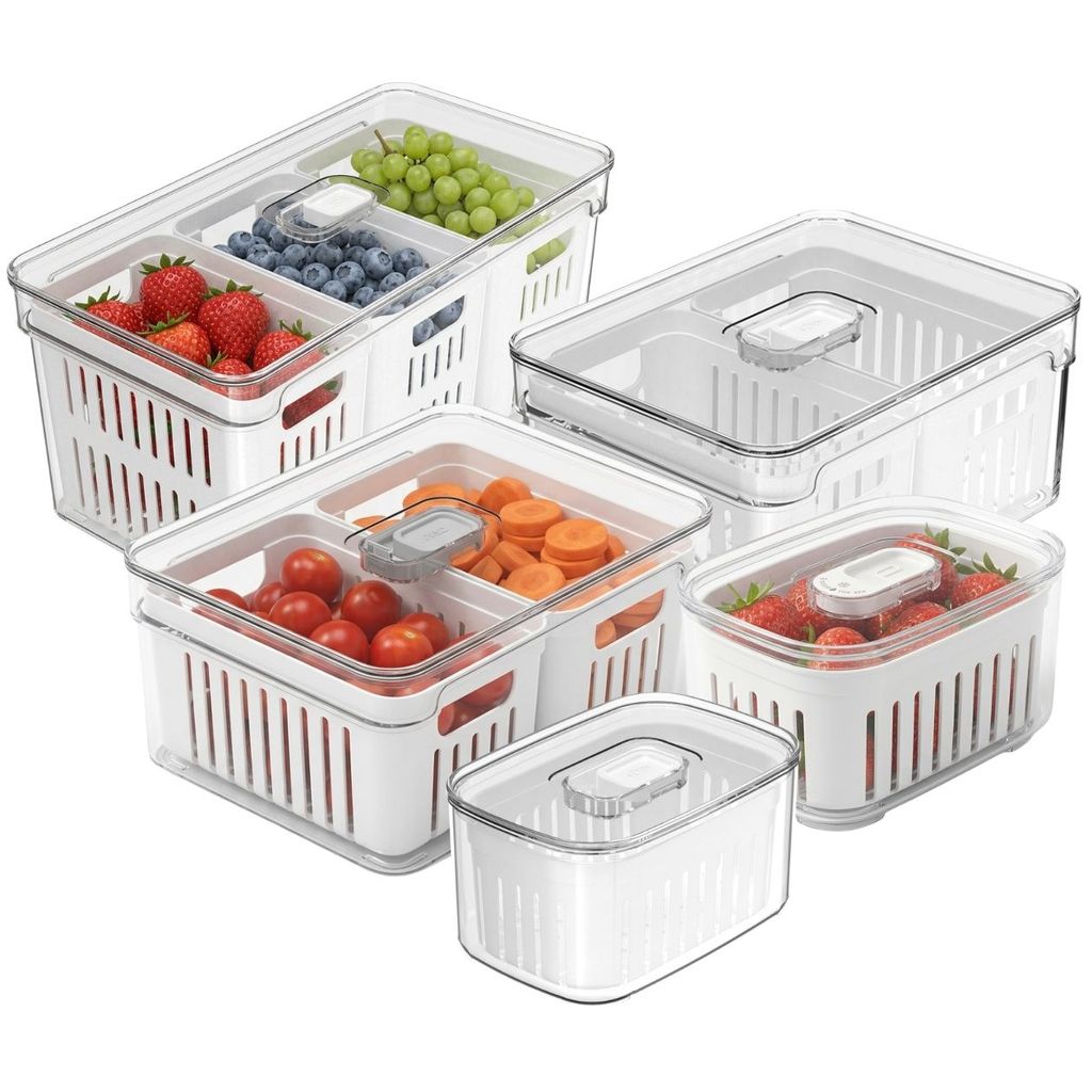 Kit 5 Organizador 5L 2,2 L Clear Fresh Geladeira Cestos Acrílico Cozinha Alimentos Vegetais Frutas