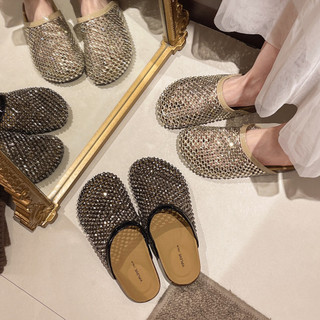Diamantes diamantes malha cortiça sapatos exterior usar strass francês Baotou Boken Fishnet sandálias femininas