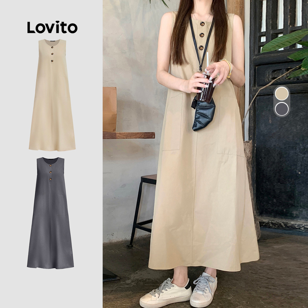 Lovito Casual Vestido de Botões para Primavera/verão em Cáqui Leve para mulheres L159AD070