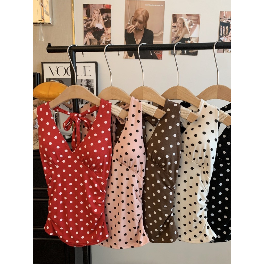 Top de Verão Estilo Francês Doce para Meninas, com Bolinhas, Decote em V, Efeito Emagrecedor, Alça Halter com Laço, Vers