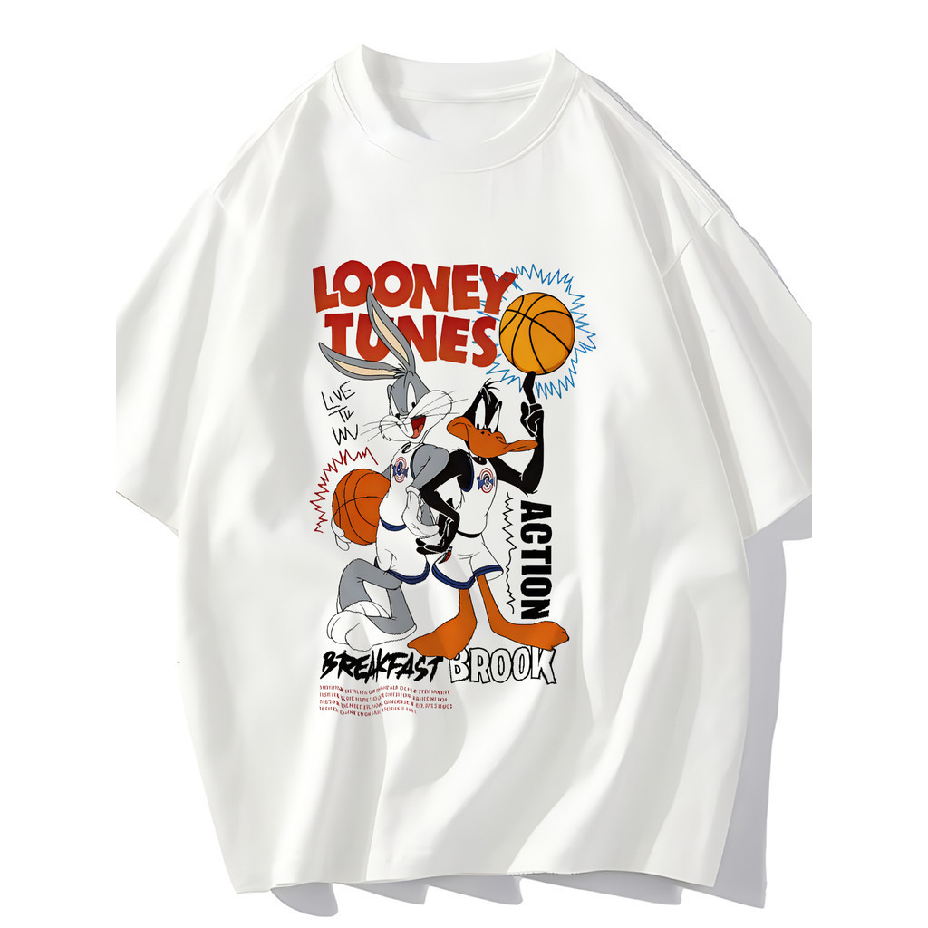 Camiseta estampada premium em puro algodão Camiseta Feminina Looney Tunes Basketball Action Blusa Unissex Streetwear 202