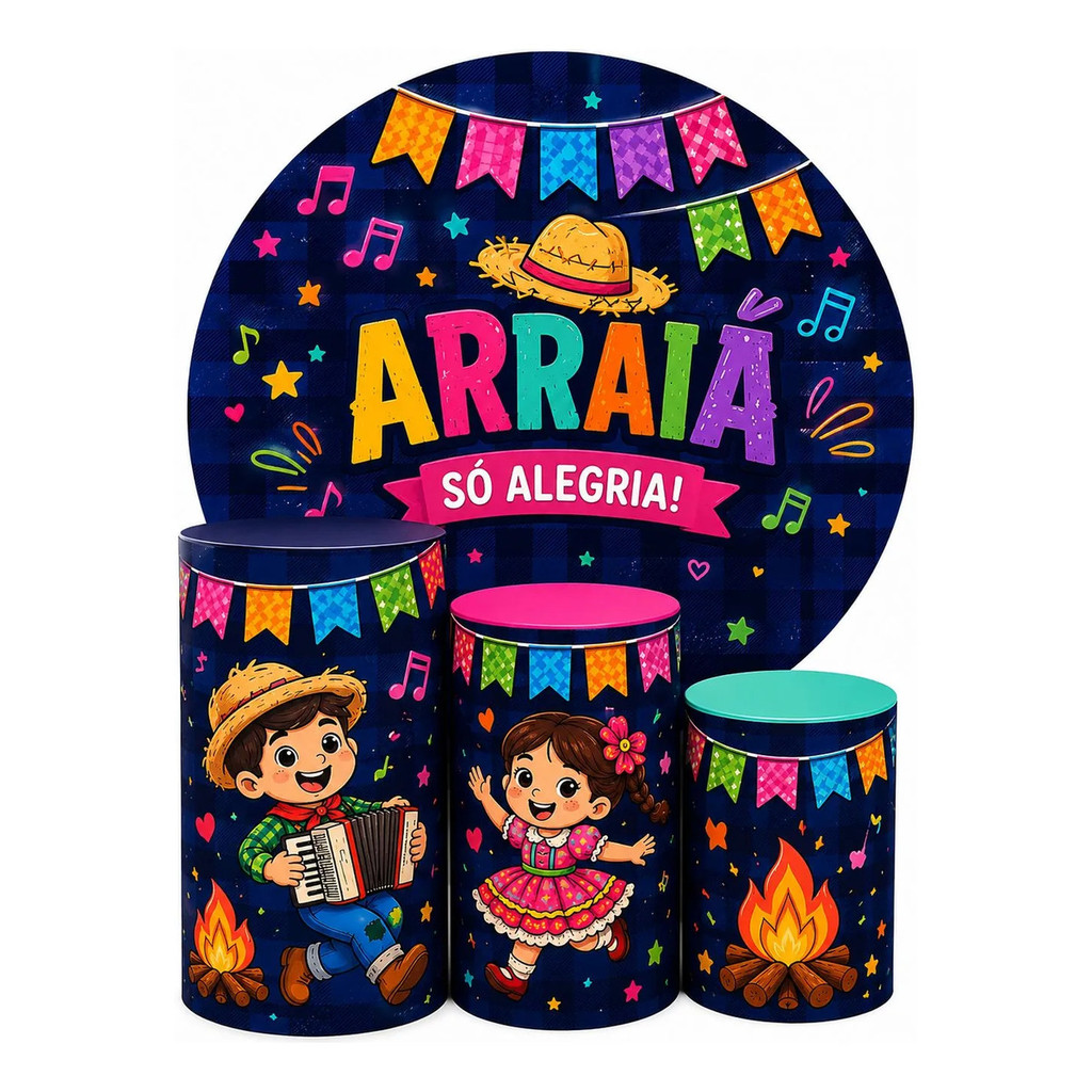 Kit Decoração Capa Painel Redondo 150x150cm Mais Trio Capas Cilindro Tema Arraia Festa Junina Lançamento Tecido Premium