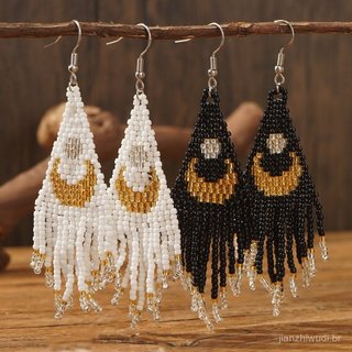 Brincos populares de estilo étnico retrô com franjas, brincos indianos de luxo leve e alta qualidade com padrão de lua, 